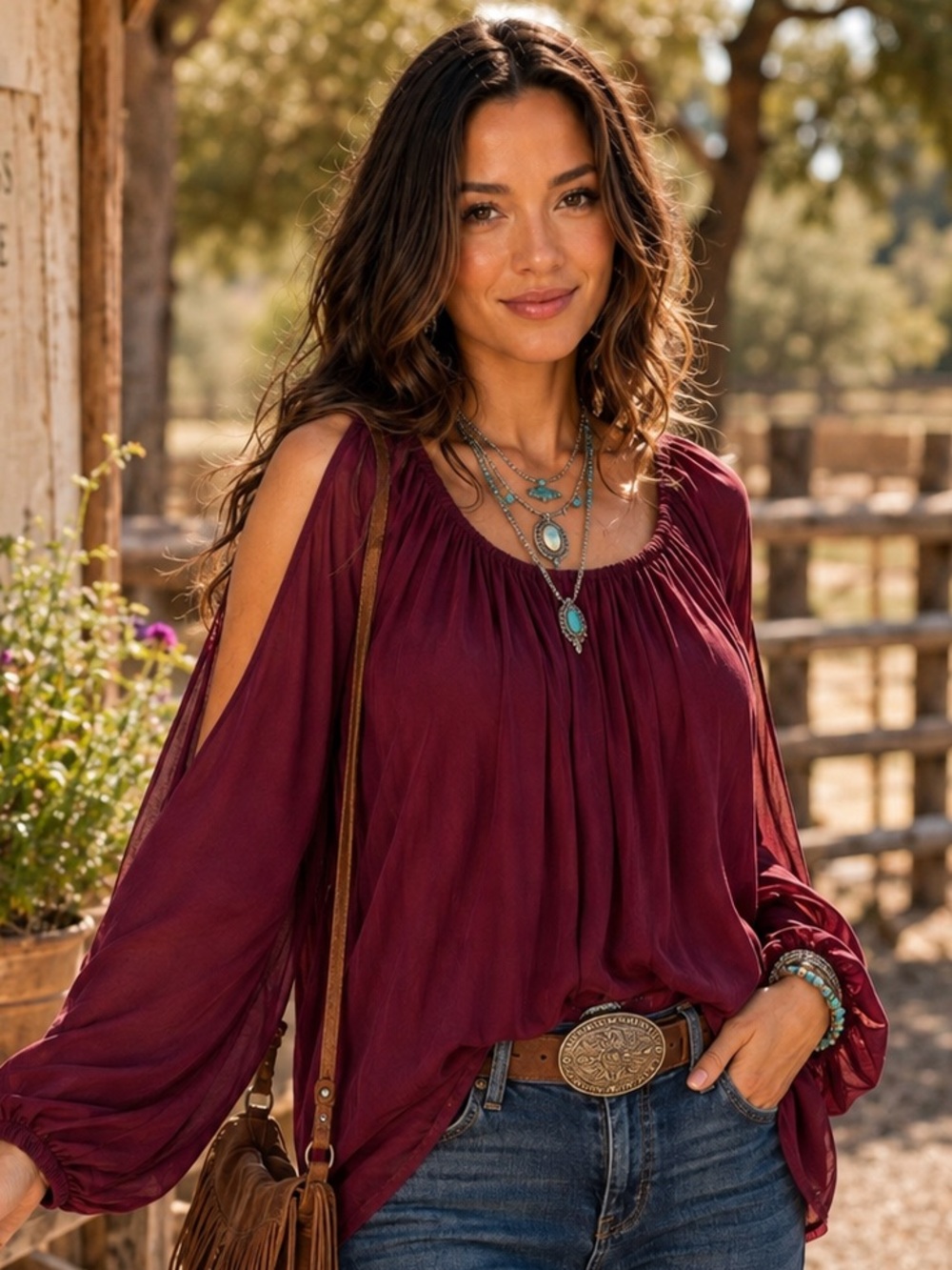 CHASER Burgundy Cold Shoulder Flowy Blouse Size L